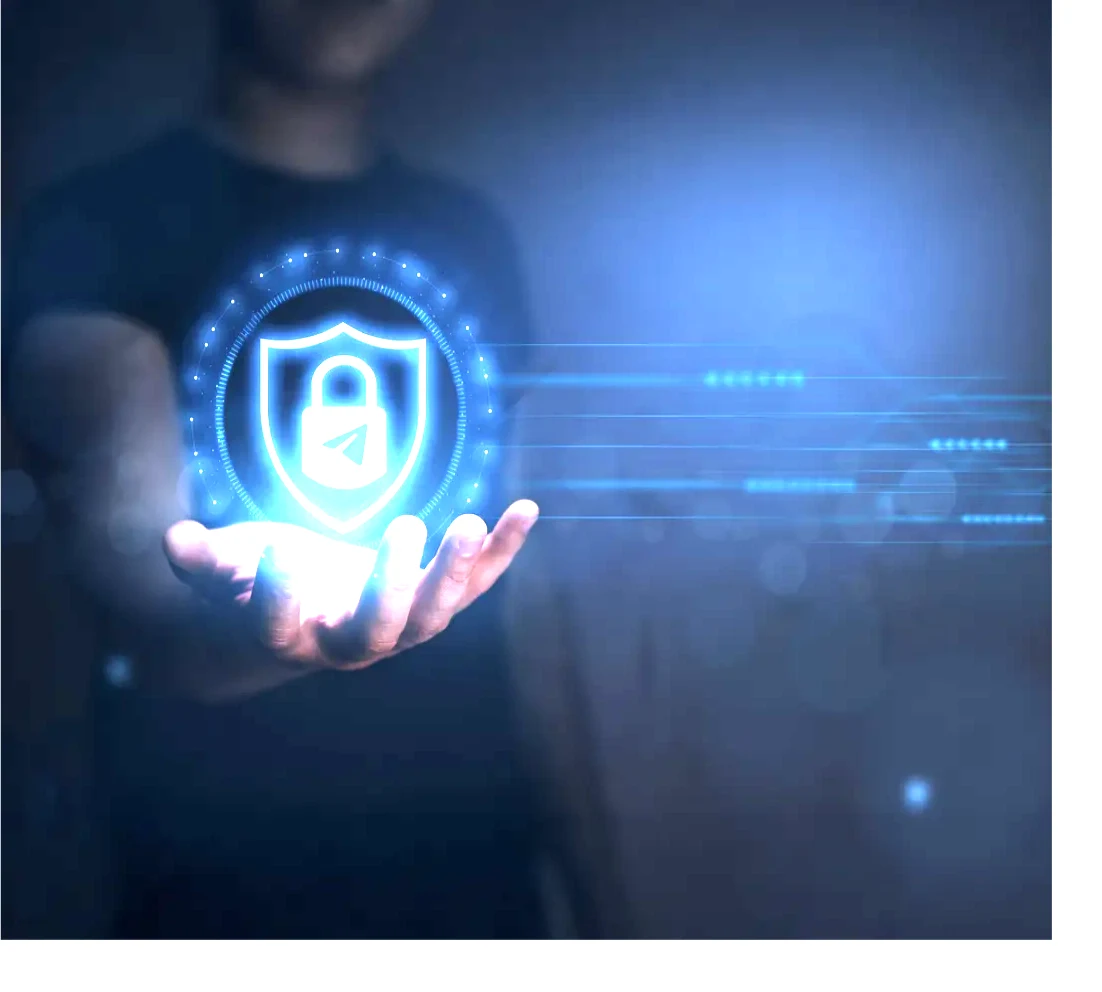 A hand holding a glowing security shield