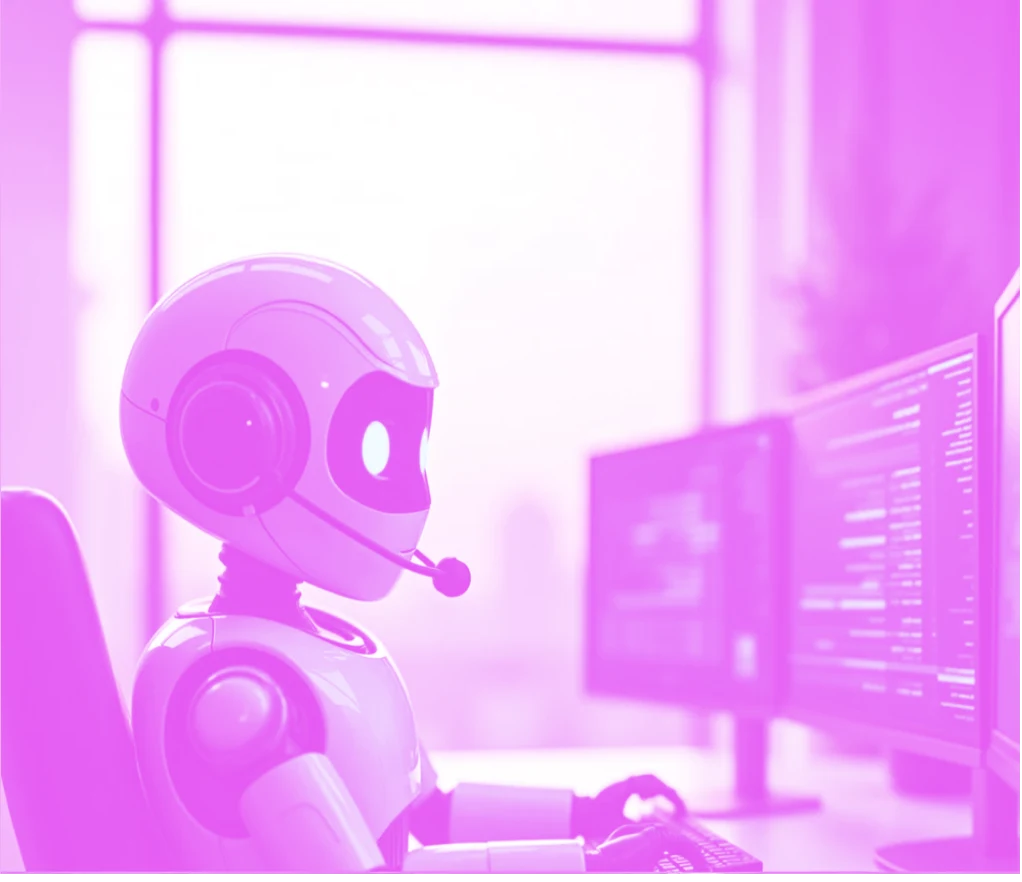A friendly support robot at a desk of screens