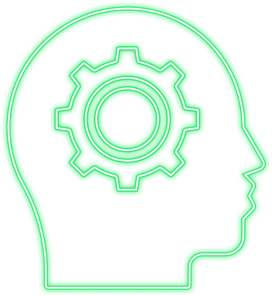 A green neon head with a gear