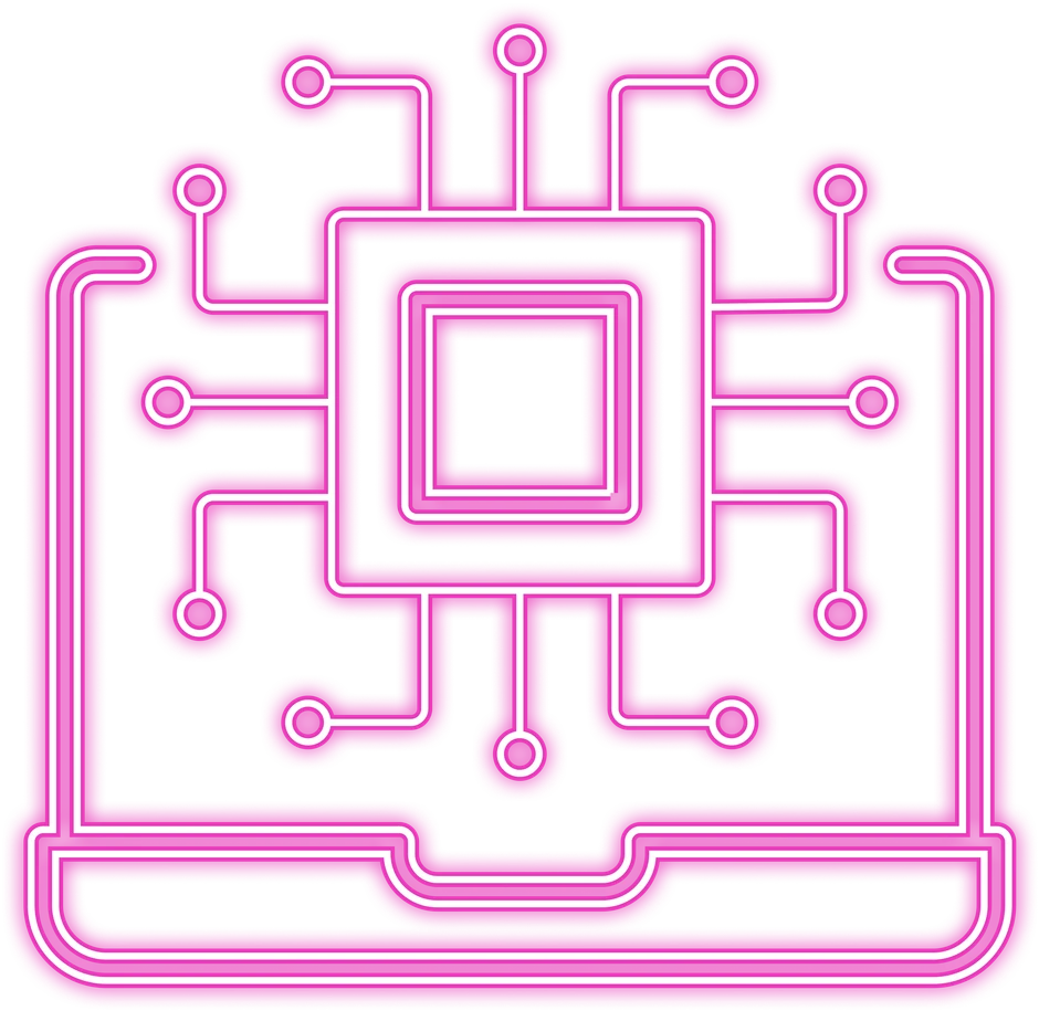A pink neon chip on a laptop