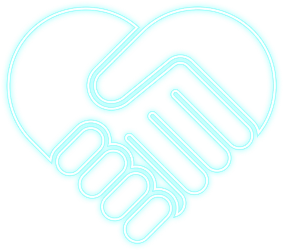 A cyan neon handshake inside a heart